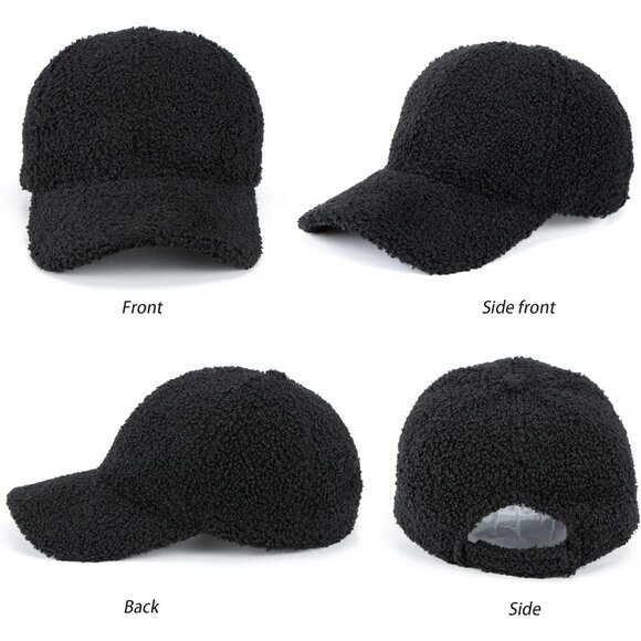 Men's Black Warm-Winter Fuzzy Fluffy Teddy Fleece Faux Lamb Wool Baseball Caps - Picture 2 of 9